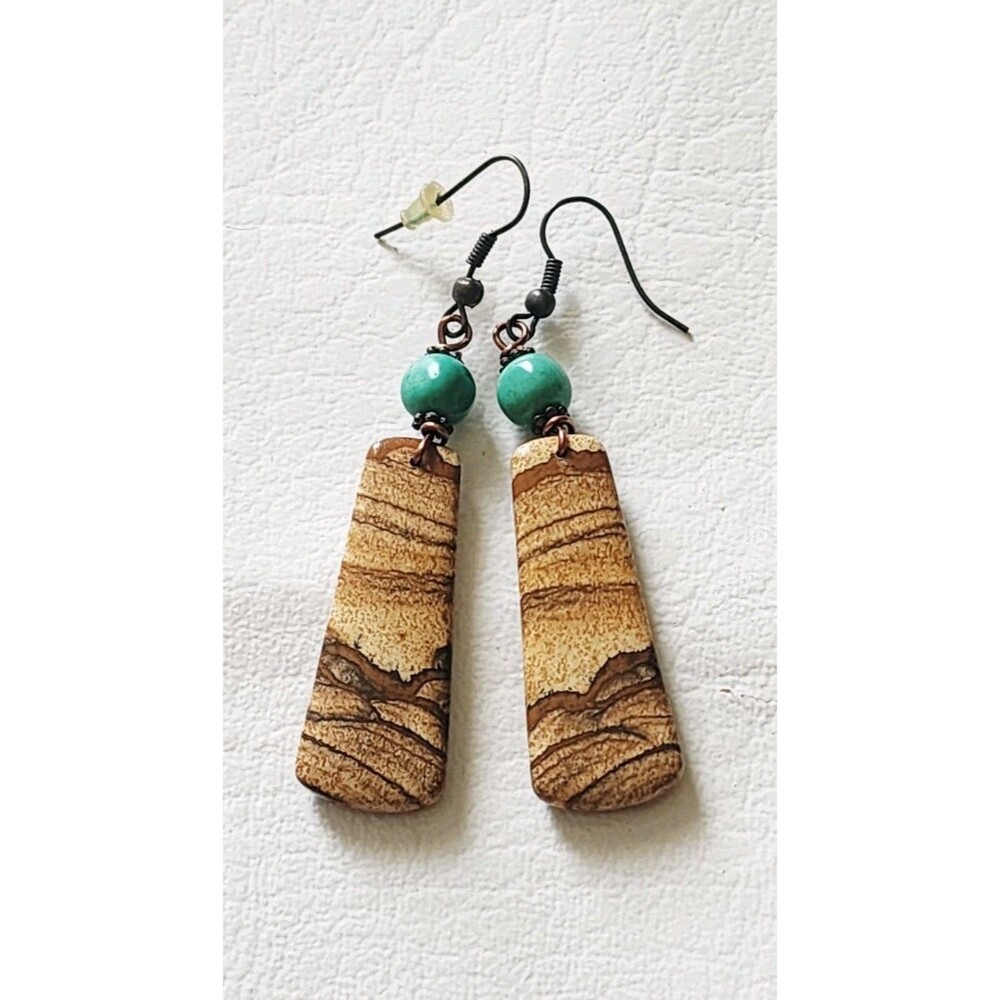 Vintage Silver Tone Picture Jasper Dangle Leather Earrings Signed RC